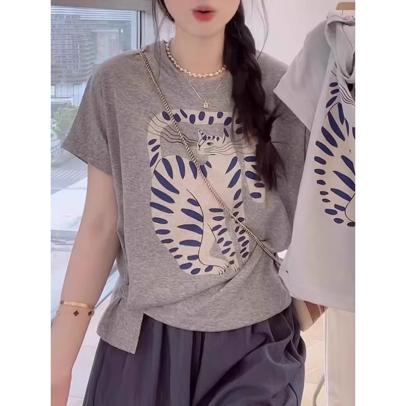 【純棉】小眾別緻休閒貓咪印花設計感短袖T恤