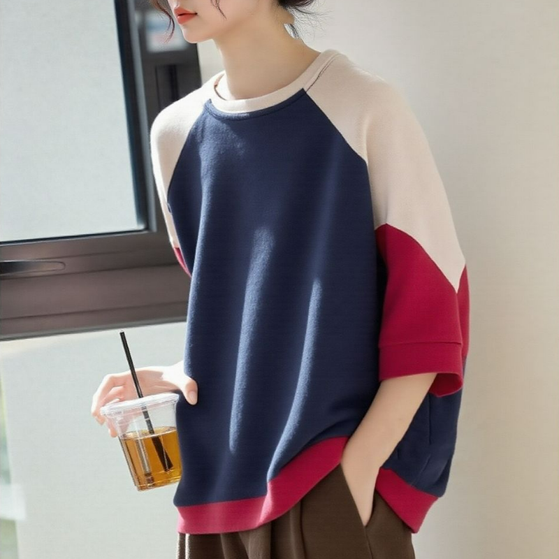 純棉寬鬆圓領文藝休閒五分袖大碼撞色長袖-HaloBless