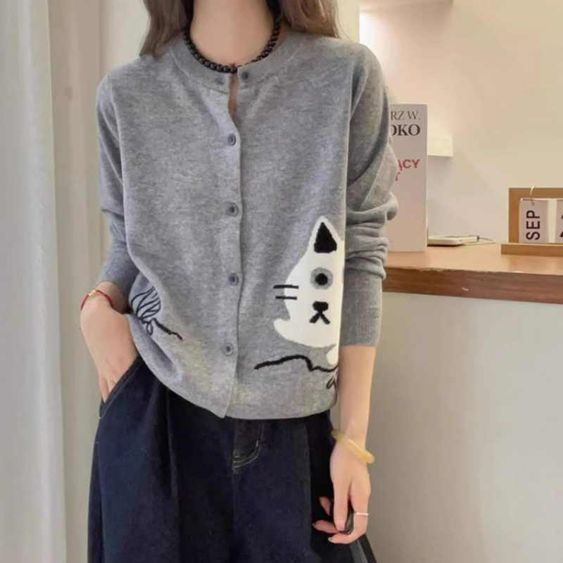 設計感圓領可愛時尚卡通刺繡針織開衫