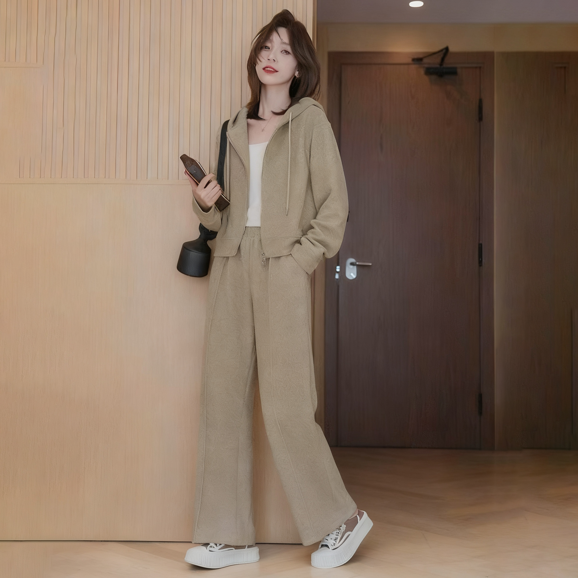 【單件/套裝】時尚連帽短版雙拉鏈外套+直筒休閒褲兩件套