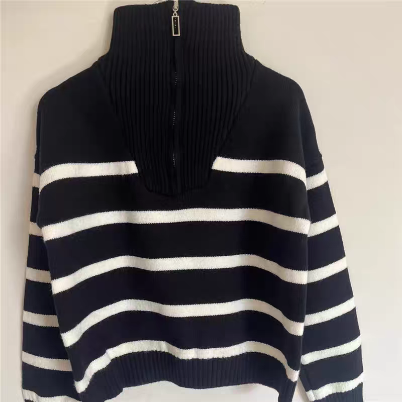 韓版寬鬆翻領撞色休閒半拉鏈條紋針織衫