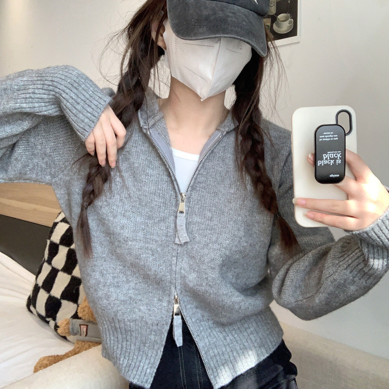 慵懶風拉鍊正肩短版外套連帽針織開衫