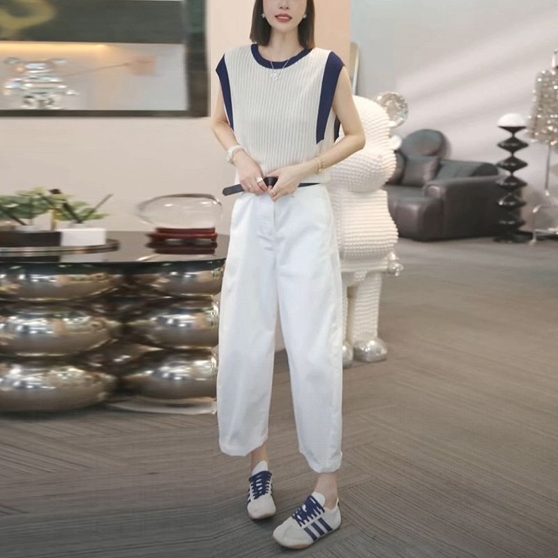 【單件/套裝】寬松顯瘦減齡無袖針織衫+闊腿休閑褲兩件套