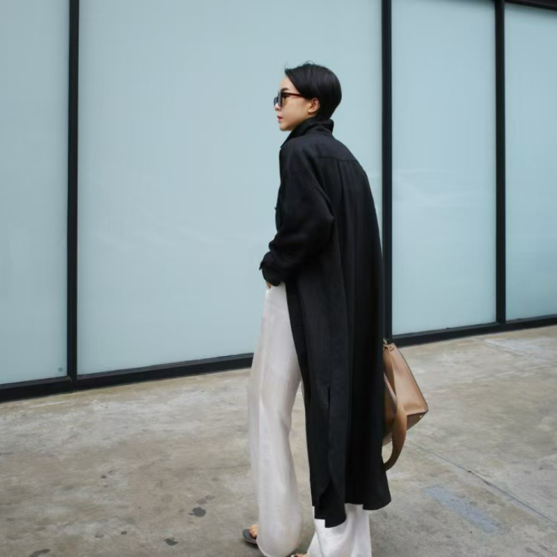 寬鬆休閒文藝顯瘦素色氣質翻領洋裝-HaloBless