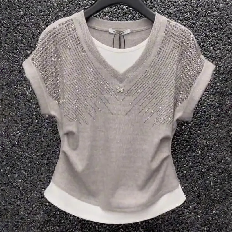 燙鑽撞色假兩件氣質收腰顯瘦V領T恤-HaloBless