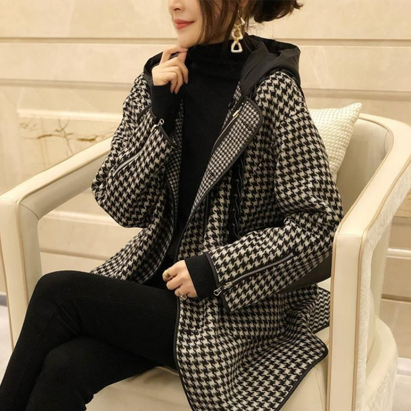 時尚寬鬆顯瘦連帽千鳥格中長毛呢外套