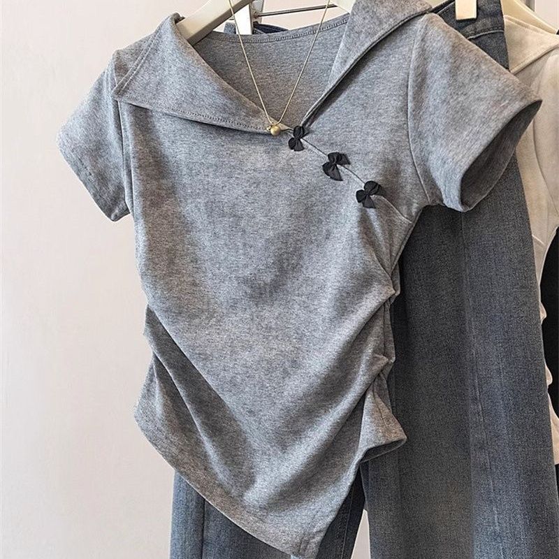 設計感翻領紮染不規則蝴蝶結收腰短袖T恤-HaloBless