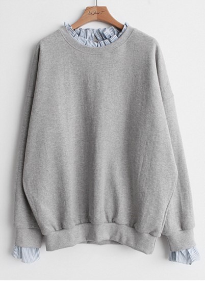 假兩件圓領白色韓版寬鬆拼接套頭bf薄款衛衣-HaloBless