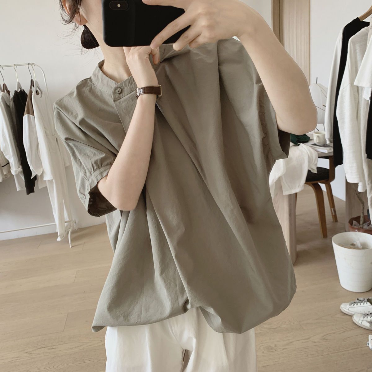 簡約小眾設計感不規則褶皺寬鬆顯瘦圓領襯衫