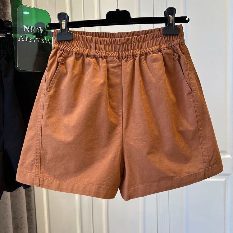 3色純棉鬆緊腰寬鬆休閒高腰闊腿口袋短褲