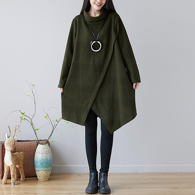 時尚休閒加厚夾絲綿高領不規則中長款連身裙-HaloBless