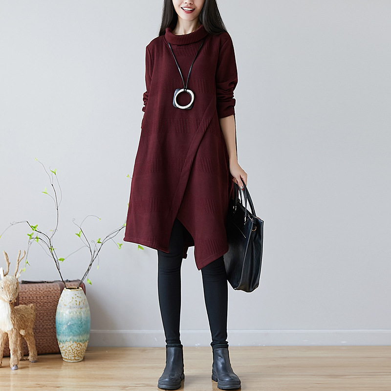 時尚休閒加厚夾絲綿高領不規則中長款連身裙-HaloBless