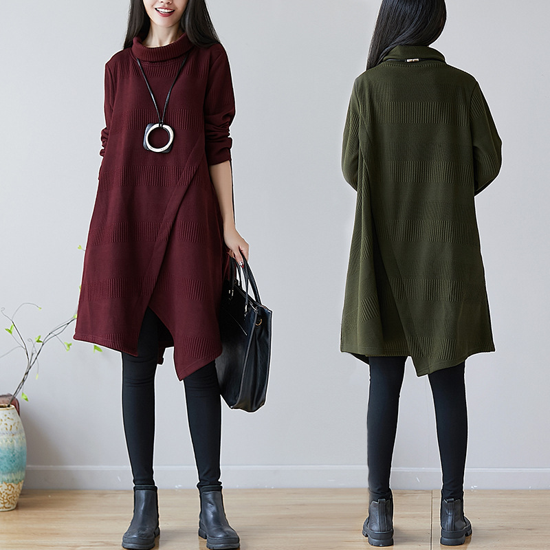 時尚休閒加厚夾絲綿高領不規則中長款連身裙-HaloBless