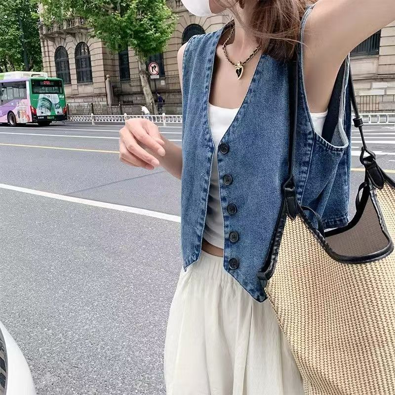 高品質薄款洋氣無袖牛仔小馬夾