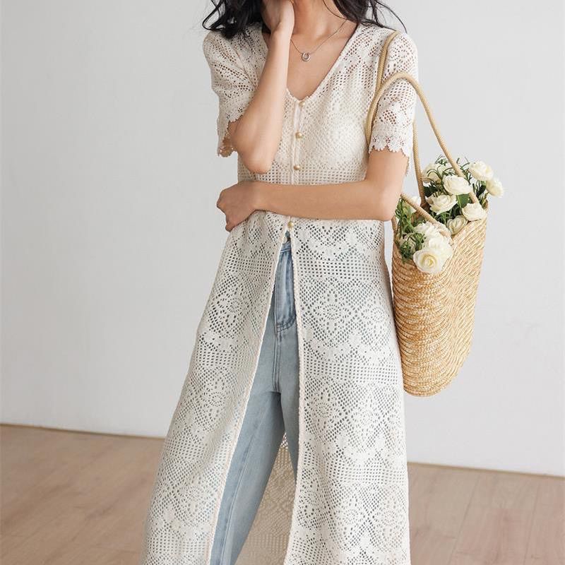 防曬衣長版短袖鏤空設計感法式針織開衫