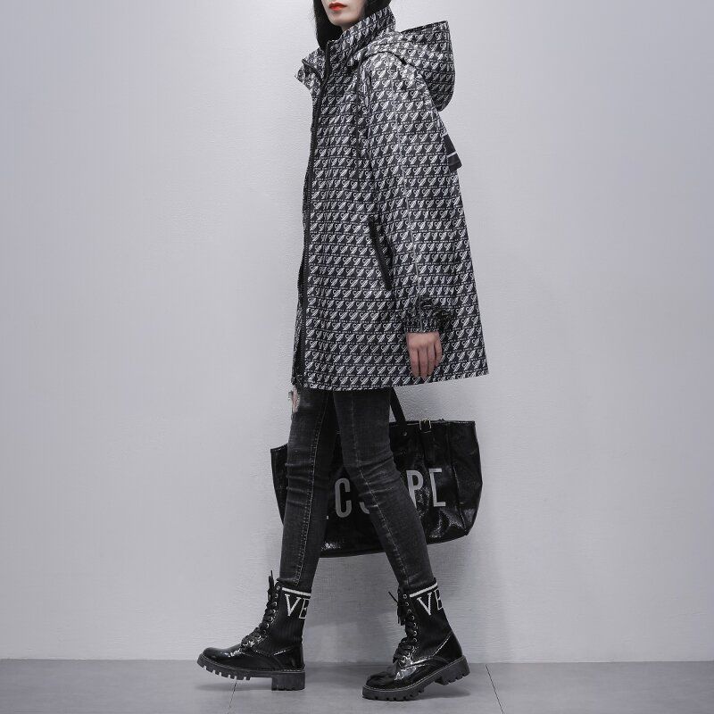 千鳥格黑色風衣中長版休閒寬鬆顯瘦連帽外套(預售7天左右發貨)