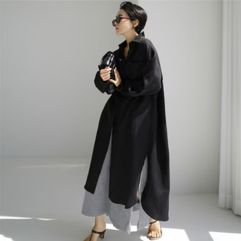 寬鬆休閒文藝顯瘦素色氣質翻領洋裝-HaloBless