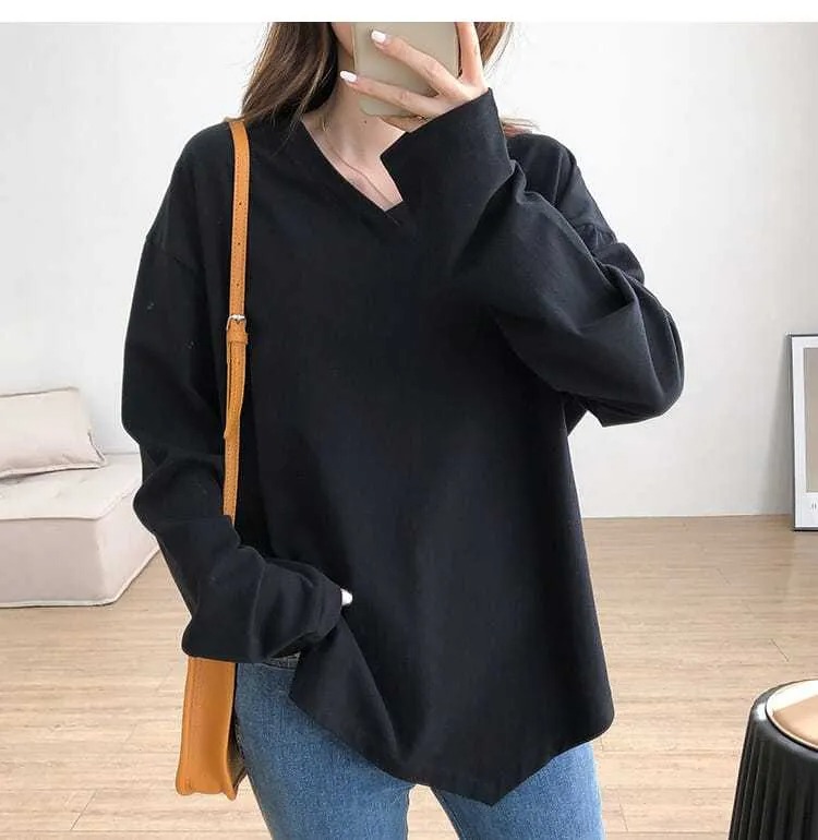 不規則V領顯瘦簡約百搭長袖T恤-HaloBless