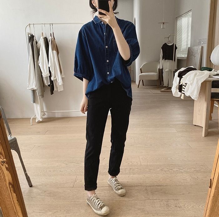 復古簡約寬鬆顯瘦燈籠袖牛仔襯衫-HaloBless
