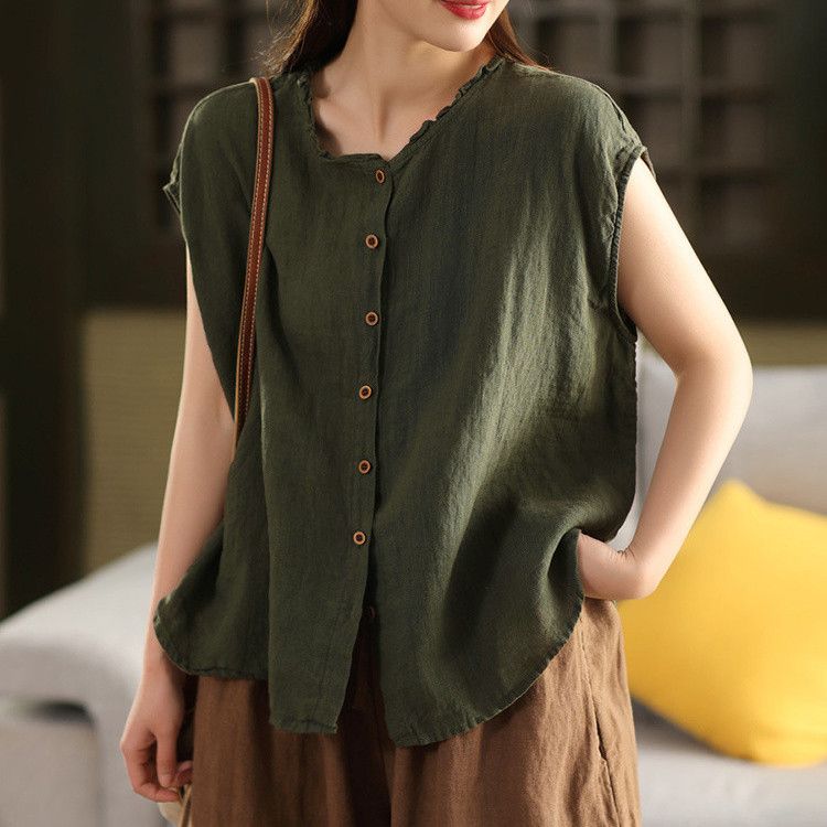 5色重工棉麻木耳領復古單排扣百搭無袖襯衫