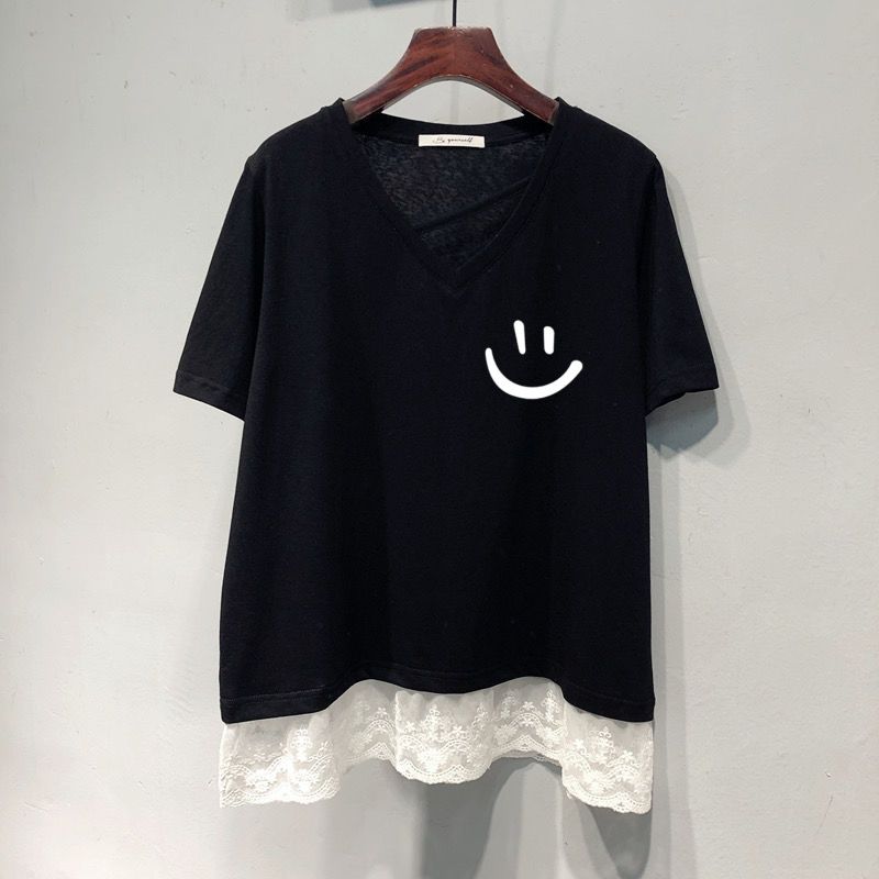 氣質顯瘦假兩件蕾絲花邊V領短袖T恤-HaloBless