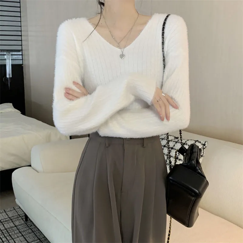 復古仿水貂毛V領軟糯寬鬆慵懶風內搭毛衣
