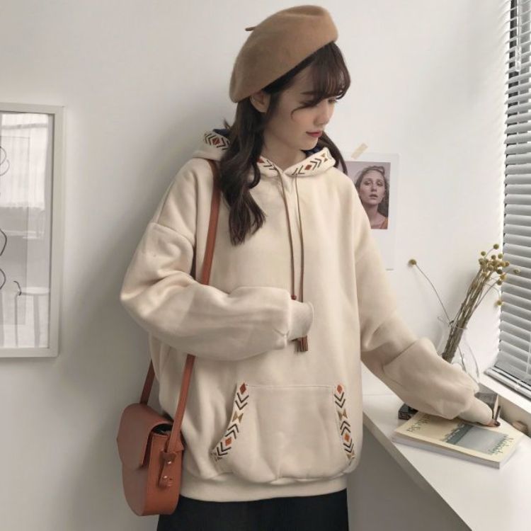 設計感寬鬆民族風口袋抽繩印花連帽衛衣-HaloBless