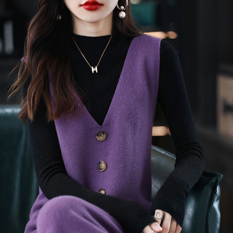 背心裙寬鬆針織無袖V領中長款馬甲連身裙-HaloBless