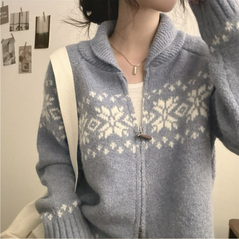 復古甜美提花寬鬆百搭雙頭拉鍊針織開衫