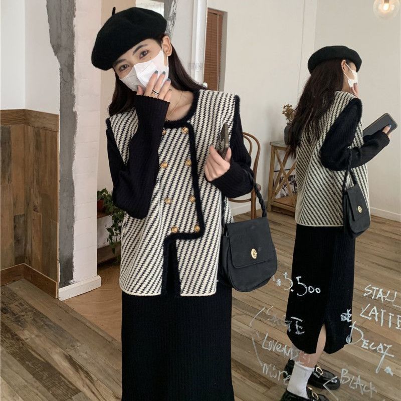 【單件/整套】法式遮肉顯瘦小香風馬甲+連身裙兩件套裝-HaloBless