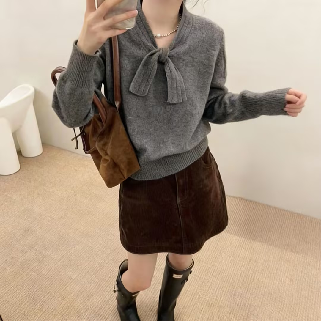 新款小香風立體蝴蝶結溫柔軟糯百搭針織衫