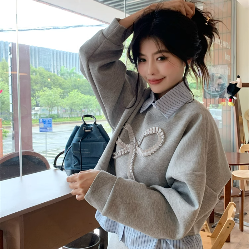 【整套】POLO領條紋拼接長袖衛衣+高腰包臀半裙兩件套裝-HaloBless