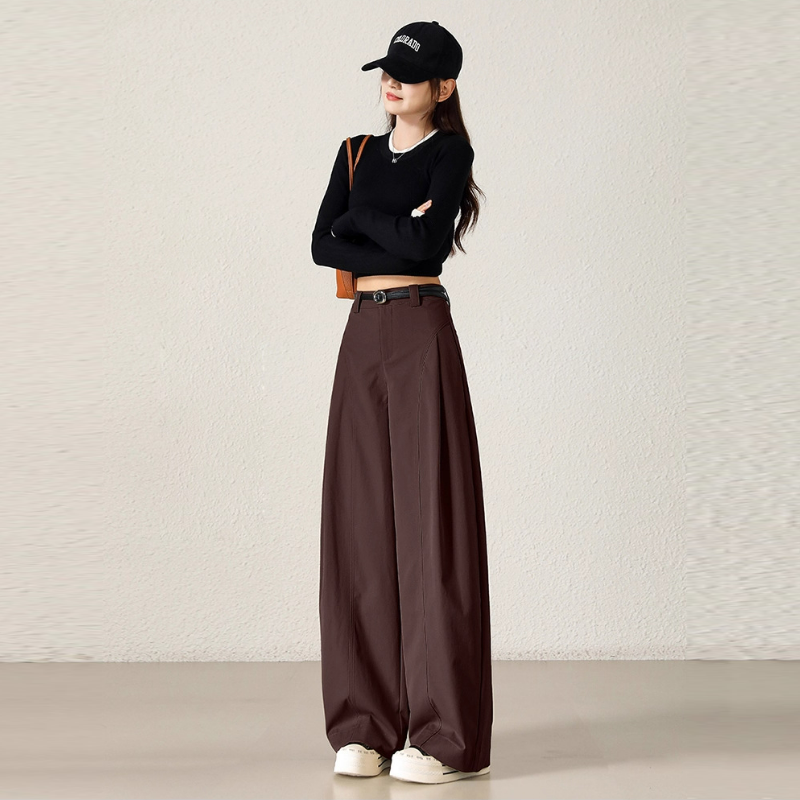 高腰顯瘦時尚寬鬆潮流側壓褶卡其色闊腿褲