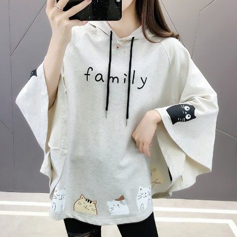 時尚貓咪印花寬鬆顯瘦斗篷款蝙蝠袖連帽衛衣-HaloBless
