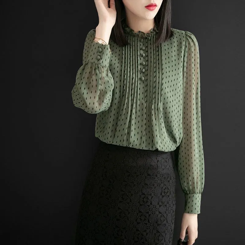 氣質寬鬆長袖時尚洋氣雪紡襯衫-HaloBless