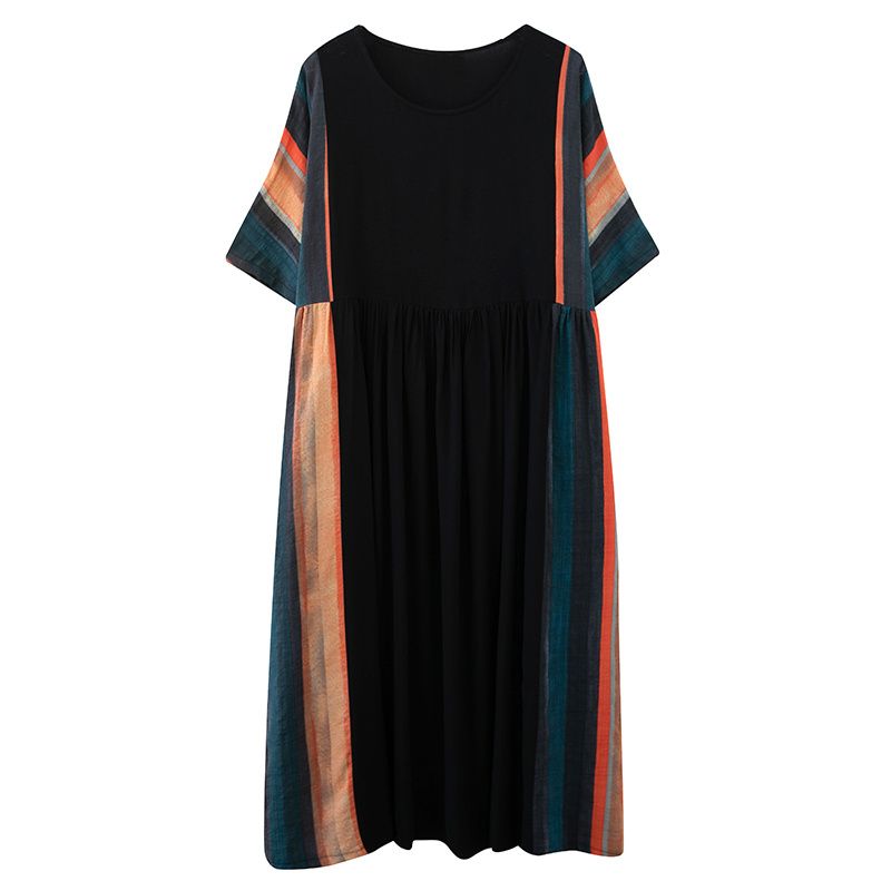 復古減齡顯瘦條紋拼接大擺短袖連衣裙