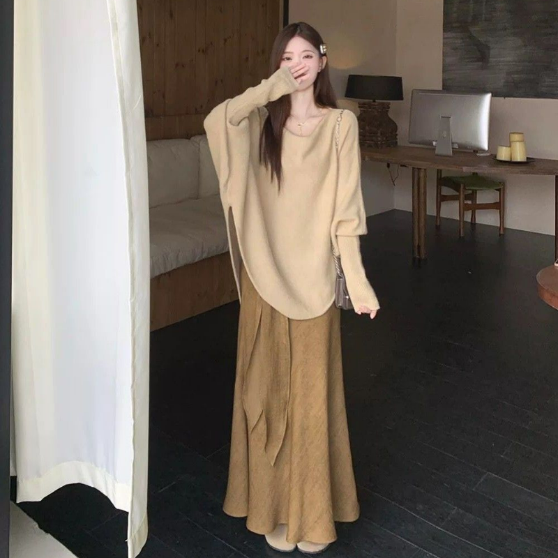 【單件/套裝】不規則慵懶風寬鬆針織毛衣+魚尾裙半身裙兩件套