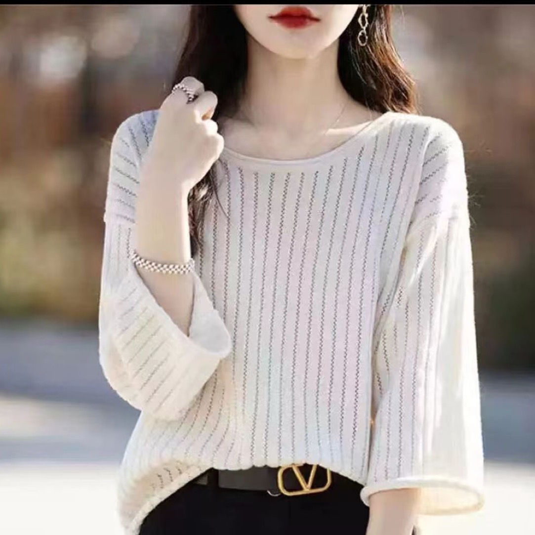 純棉袖捲邊圓領鏤空寬鬆七分袖-HaloBless