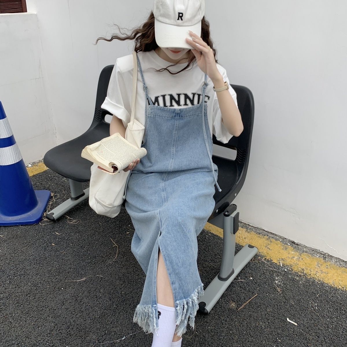 顯瘦流蘇吊帶開叉清新牛仔吊帶裙-HaloBless