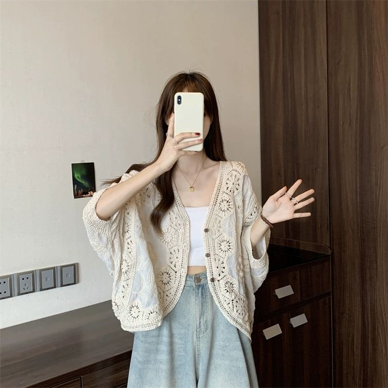 波西米亞風鉤花鏤空V領大碼防曬開衫襯衫-HaloBless