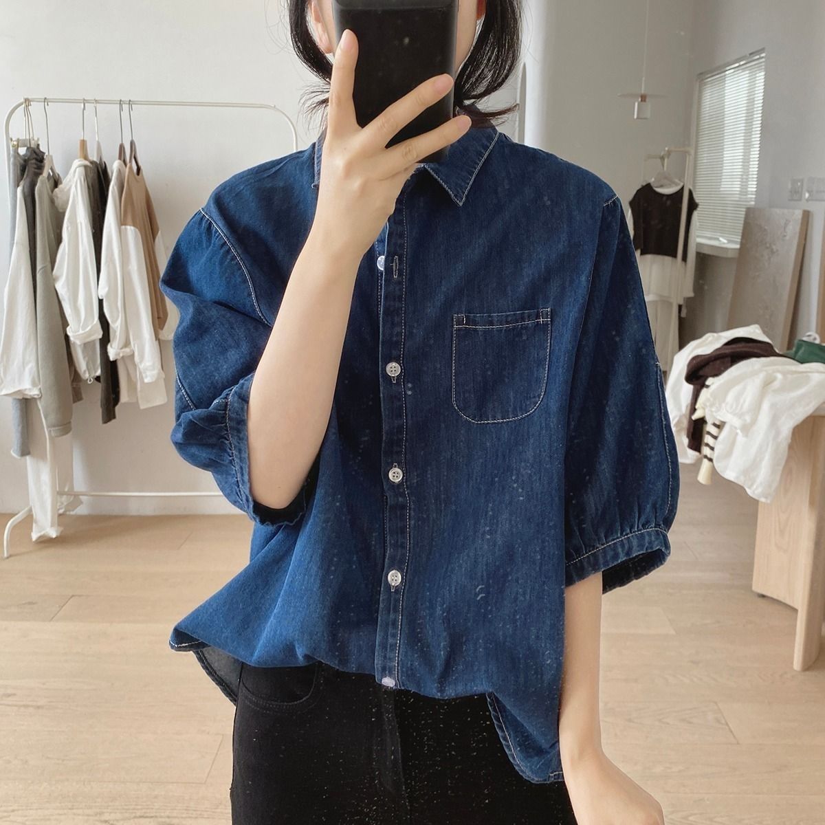 復古簡約寬鬆顯瘦燈籠袖牛仔襯衫-HaloBless