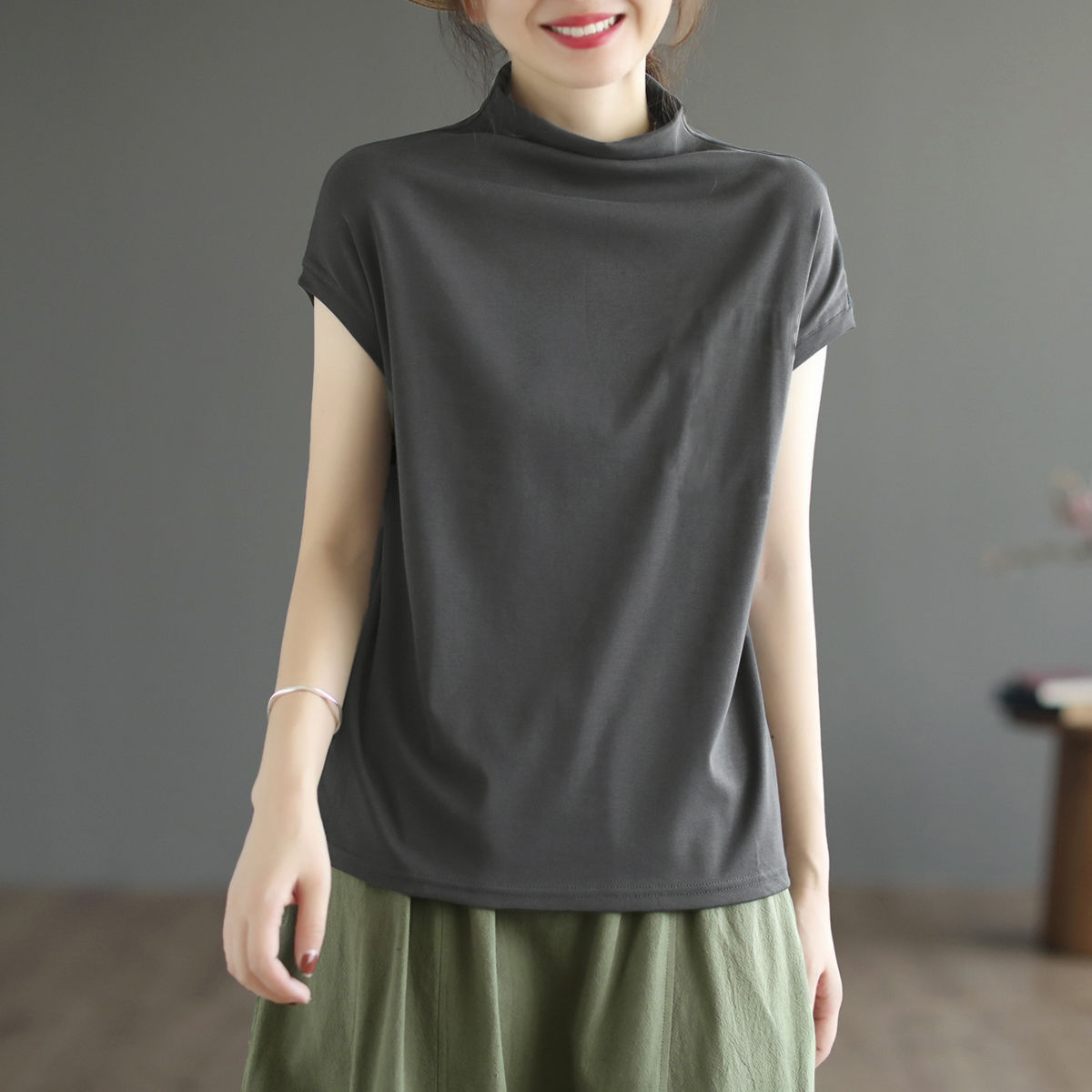 純棉文藝寬鬆顯瘦百搭半高領t恤短袖-HaloBless