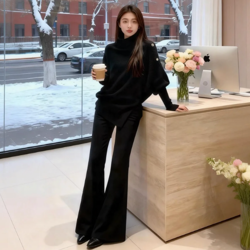 法式復古不規則設計修身打底高領針織毛衣