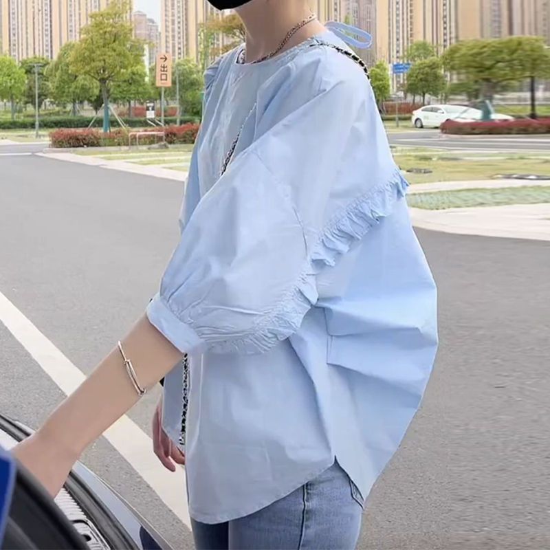 寬鬆顯瘦大碼木耳邊不規則設計感襯衫-HaloBless