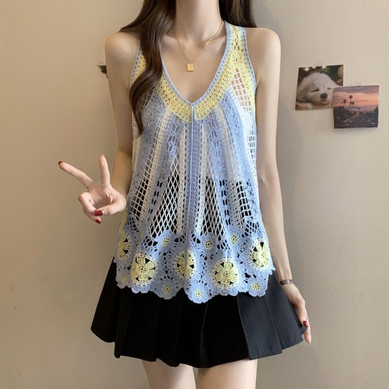 波西米亞設計感撞色可疊穿鏤空吊帶背心