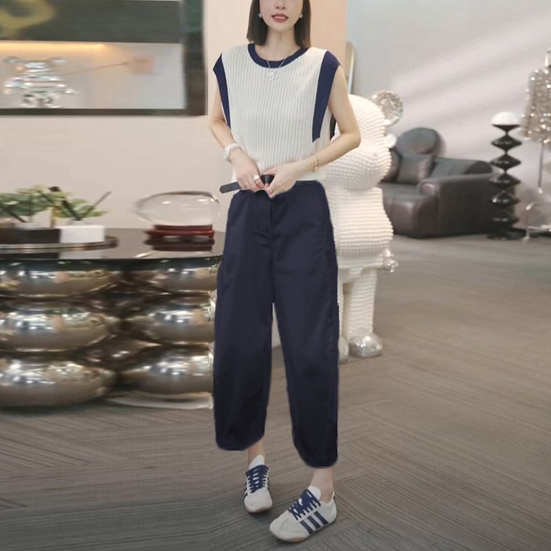 【單件/套裝】寬松顯瘦減齡無袖針織衫+闊腿休閑褲兩件套