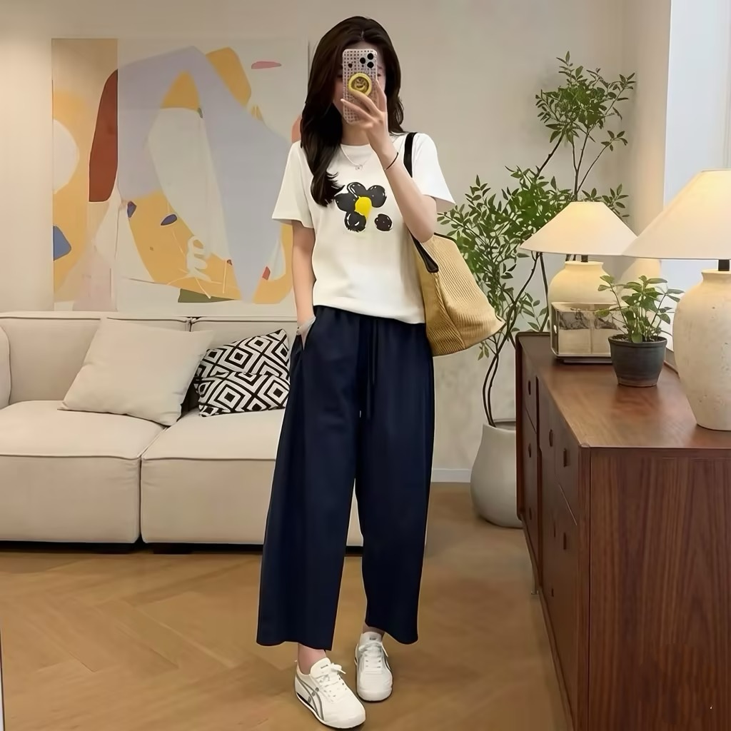 【單件/套裝】韓系印花短袖T恤高腰顯瘦休閒褲兩件套裝