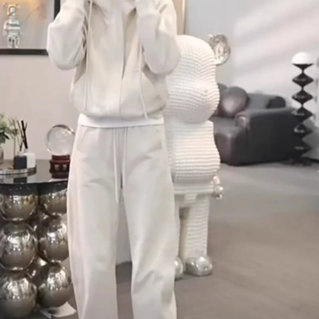 【整套】加厚刷毛時尚長袖連帽外套+休閒束脚褲兩件套裝