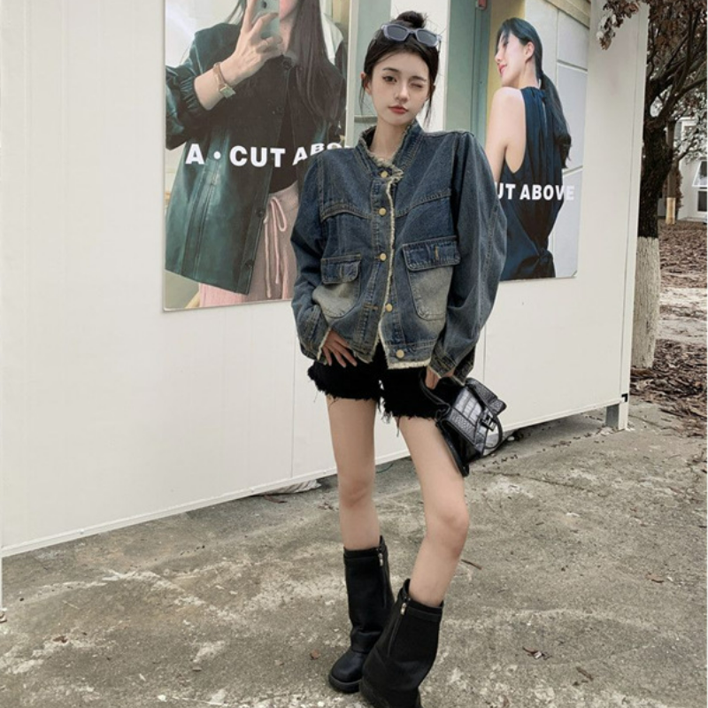 復古毛邊寬鬆顯瘦夾克水洗牛仔外套