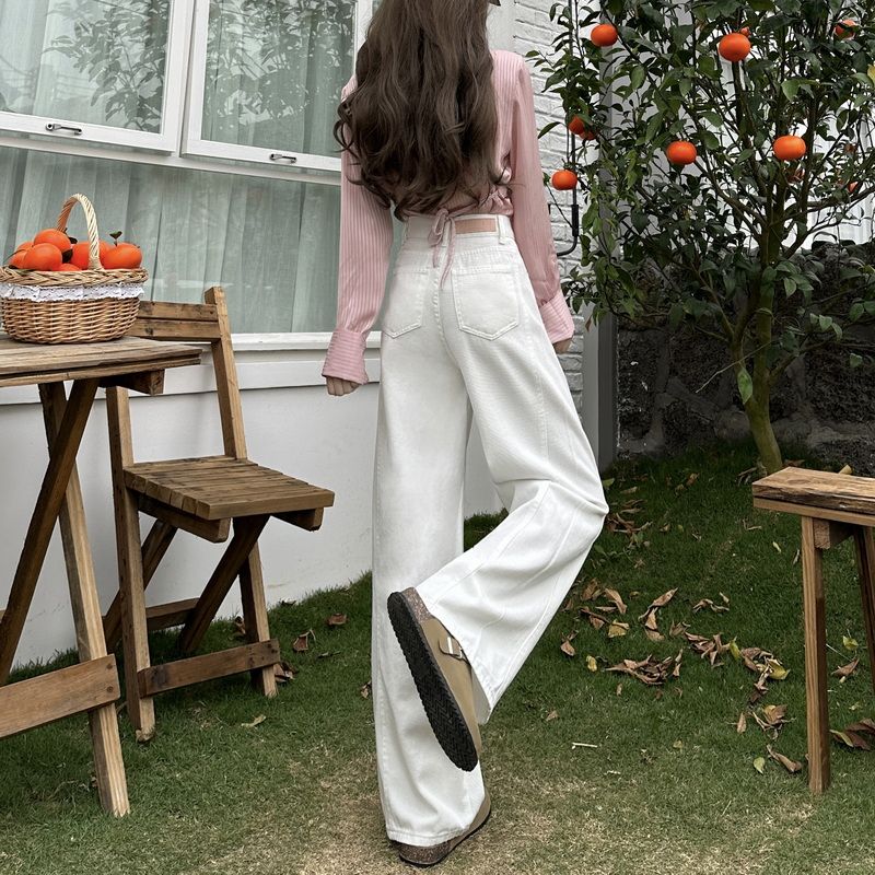 高腰顯瘦寬鬆百搭窄版白色九分闊腿牛仔褲